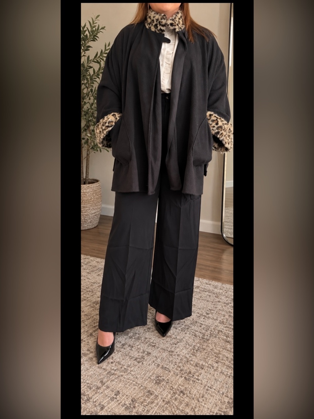 Black Cape Coat w/ Leopard Faux Fur Trim – Oversized Vintage Style